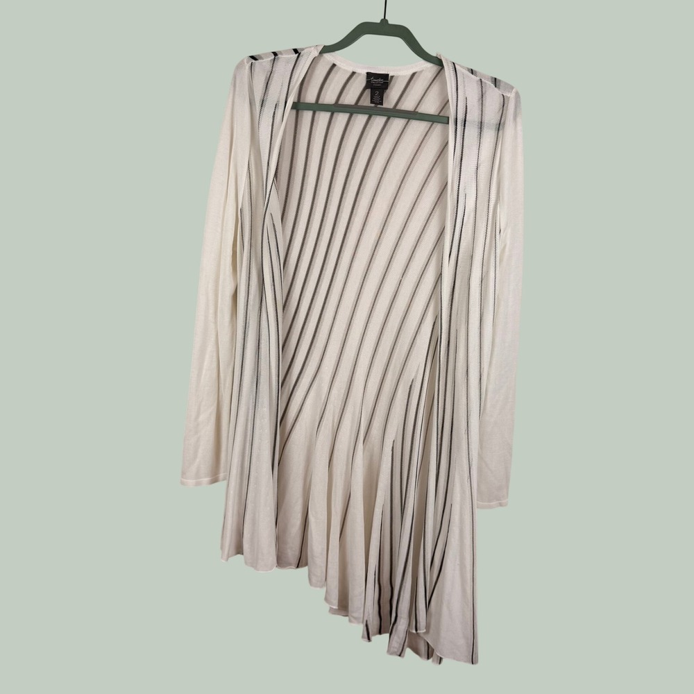 Chico's Travelers Cardigan Women L White Flowy Striped Asymmetrical Knit